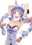  1girl animal_ear_fluff animal_ears armpits arms_up black_gloves blue_hair braid breasts carrot detached_sleeves don-chan_(usada_pekora) dress food_in_pocket food_on_hair fur-trimmed_gloves fur_trim gloves hololive kainownill long_hair looking_at_viewer multicolored_hair open_mouth playboy_bunny rabbit_ears red_eyes sidelocks simple_background small_breasts solo twin_braids twintails two-tone_hair usada_pekora very_long_hair virtual_youtuber white_background white_dress white_hair 