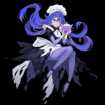  absurdres black_background blue_eyes blue_hair floating floating_hair halloween highres holding holding_teapot long_hair mahosame maid maid_headdress original teapot traditional_media watercolor_(medium) 