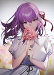  1girl absurdres bangs bare_arms blurry blurry_background breasts dress eyebrows_visible_through_hair fate/stay_night fate_(series) flower flower_request hair_ribbon highres holding holding_flower large_breasts looking_at_viewer matou_sakura petals puffy_sleeves purple_hair red_ribbon ribbon short_hair short_sleeves shycocoa smile solo upper_body violet_eyes white_dress 