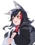  1girl animal_ear_fluff animal_ears black_hair blush breasts brown_eyes choker flipped_hair hair_ornament holding hololive izumi_sai jacket long_hair multicolored_hair ookami_mio open_mouth redhead scared solo streaked_hair tearing_up trembling virtual_youtuber wolf_ears wolf_girl 