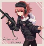  1girl commission girls_frontline gun h&amp;k_mp7 mp7_(girls_frontline) pantyhose red_nails redhead side_ponytail skeb_commission solo submachine_gun weapon yakob_labo yellow_eyes 