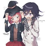  &gt;_&lt; 1boy 1girl arms_up artist_request bangs black_hair black_headwear black_jacket blush brown_sweater_vest checkered checkered_neckwear checkered_scarf closed_eyes commentary_request dalrye_v3 dangan_ronpa double-breasted dress_shirt gem hair_between_eyes hair_ornament hand_up hands_on_headwear hat jacket long_sleeves new_dangan_ronpa_v3 open_mouth ouma_kokichi pleated_skirt purple_hair red_skirt redhead repost_notice scarf school_uniform shirt short_hair simple_background skirt smile straitjacket sweater_vest translation_request upper_body violet_eyes whispering white_background white_jacket white_shirt witch_hat yumeno_himiko 