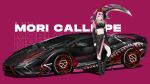  1girl bangs car character_name death-sensei_(mori_calliope) english_commentary ex-trident eyewear_on_head ground_vehicle highres hololive hololive_english lamborghini long_hair looking_to_the_side midriff mori_calliope motor_vehicle navel pink_eyes pink_hair sunglasses vehicle_focus 