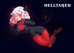  1girl black_background blush book breasts copyright_name demon_tail fang floating heart helltaker highres holding holding_book large_breasts looking_to_the_side modeus_(helltaker) red_eyes solo tail white_hair yui35 