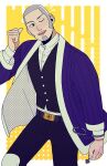  1boy belt black_vest blue_jacket cuffs facial_hair golden_kamuy grey_hair hand_up handcuffs jacket key knightofbunnies looking_at_viewer male_focus one_eye_closed pants shiraishi_yoshitake vest yellow_background 