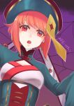  1girl blue_legwear breasts candy capri_pants chinese_clothes fire_emblem fire_emblem_heroes food halloween halloween_costume highres jiangshi looking_at_viewer open_mouth pants pink_hair red_eyes sakura_(fire_emblem) short_hair silk solo spider_web tyotto_ko_i 