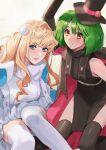  2girls absurdres bangs black_headwear blonde_hair blue_eyes blush green_hair hat highres huge_filesize looking_at_viewer macross macross_frontier multiple_girls parted_lips pote-mm ranka_lee sheryl_nome thigh-highs 