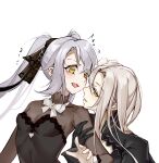  2girls absurdres arm_hug aug_(girls_frontline) aug_para_(girls_frontline) black_dress black_gloves blonde_hair blush bow bowtie breasts dress eyebrows_visible_through_hair girls_frontline gloves hair_between_eyes hair_ribbon highres long_hair looking_at_another looking_at_viewer medium_breasts multiple_girls open_mouth priest77 ribbon siblings silver_hair sisters twintails white_background white_neckwear yellow_eyes 