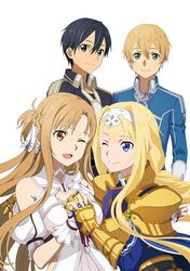  2boys 2girls ;) ;d alice_zuberg armor armored_dress asuna_(stacia) bangs black_eyes black_hair black_jacket blonde_hair blue_dress blue_eyes blue_jacket braid breastplate brown_eyes brown_hair clothing_cutout collarbone collared_jacket detached_collar dress eugeo eye_contact floating_hair french_braid gauntlets green_eyes hair_between_eyes hair_intakes hairband highres holding_hands interlocked_fingers jacket kirito long_hair long_sleeves looking_at_another multiple_boys multiple_girls official_art one_eye_closed open_mouth short_hair short_sleeves shoulder_armor shoulder_cutout simple_background smile spaulders standing sword_art_online sword_art_online:_alicization sword_mastery_academy_uniform upper_body very_long_hair white_background white_dress white_hairband wing_collar 