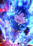  1boy arms_at_sides aura black_hair blue_shirt bracer clenched_hands closed_mouth collarbone dragon_ball dragon_ball_super full_body grey_eyes looking_at_viewer male_focus mattari_illust orange_pants rock serious shirt solo son_goku standing torn_clothes ultra_instinct v-shaped_eyebrows 