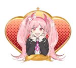  1girl :d bangs black_jacket blush bow character_name commentary_request dangan_ronpa eyebrows_visible_through_hair fake_horns hands_on_own_face horns jacket long_hair long_sleeves looking_at_viewer open_mouth pink_eyes pink_hair polka_dot polka_dot_background polka_dot_bow shirt sihye_(sihye1202) smile solo twintails upper_body utsugi_kotoko white_shirt zettai_zetsubou_shoujo 
