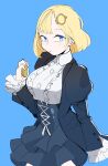  1girl absurdres alternate_costume blonde_hair blue_background blue_eyes breasts center_frills corset frilled_sleeves frills hair_ornament highres hololive hololive_english juicycloney large_breasts looking_back monocle_hair_ornament pocket_watch puffy_sleeves shirt short_hair sleeves_past_wrists solo victorian virtual_youtuber watch watson_amelia white_shirt 
