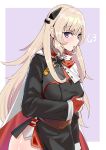  1girl absurdres blonde_hair blush breasts character_name eyebrows_visible_through_hair g3_(girls_frontline) girls_frontline gloves hair_ornament highres iron_cross long_hair looking_at_viewer medium_breasts partially_fingerless_gloves red_gloves rosehip_t72 scarf simple_background solo thighs uniform violet_eyes 