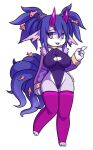  1girl blue_eyes blue_hair catknap claws commentary dragon_girl english_commentary full_body furry hair_between_eyes horns hybrid multiple_tails open_mouth original purple_legwear simple_background solo standing swimsuit tail thigh-highs twintails white_background 