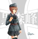  1girl artist_name bangs belt binoculars black_belt black_headwear black_jacket black_legwear black_skirt brown_eyes brown_hair chinese_commentary closed_mouth commentary_request cowboy_shot dated dress_shirt emblem english_commentary epaulettes frown garrison_cap girls_und_panzer grey_shirt hat highres holding holding_binoculars insignia iron_cross jacket kuromorimine_(emblem) looking_at_viewer military military_hat military_uniform miniskirt niedersachsen_military_uniform nishizumi_maho pleated_skirt qian shirt short_hair signature skirt solo standing thigh-highs uniform 