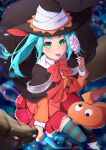  1girl absurdres bakemonogatari blush broom broom_riding candy drawdream1025 food green_eyes green_hair hat highres monogatari_(series) ononoki_yotsugi sitting striped striped_legwear thigh-highs tongue tongue_out witch witch_hat 