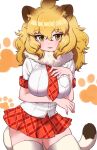  1girl animal_ears blonde_hair blush cowboy_shot eyebrows_visible_through_hair fur_collar highres kemono_friends lion_(kemono_friends) lion_ears lion_girl lion_tail long_hair necktie ngetyan plaid plaid_neckwear plaid_skirt plaid_trim pleated_skirt red_neckwear red_skirt school_uniform shirt short_sleeves skirt solo t-shirt tail thigh-highs white_fur white_legwear white_shirt yellow_eyes zettai_ryouiki 