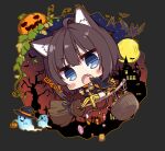  1girl animal_ear_fluff animal_ears bangs bat black_hair blue_eyes blush_stickers broom broom_riding candy cat_ears cat_tail chibi claw_pose detached_sleeves eyebrows_visible_through_hair fang food full_moon gao ghost halloween hat hatachi highres jack-o&#039;-lantern looking_at_viewer moon night open_mouth original short_hair silhouette solo striped striped_legwear tail thigh-highs vertical-striped_legwear vertical_stripes witch_hat 