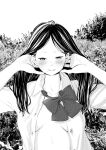  1girl absurdres arms_up black_hair blush bow bowtie breasts breasts_apart collared_shirt greyscale half-closed_eyes hands_up highres long_hair monochrome no_bra open_clothes open_shirt original outdoors plant roci_aim shirt smile solo upper_body white_shirt 