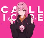  1girl \m/ absurdres bangs black_hoodie character_name chuurylen highres hololive hololive_english hood hoodie long_hair looking_to_the_side mori_calliope pink_hair red_eyes solo tiara virtual_youtuber 