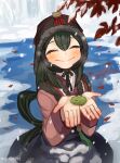  1girl ^_^ absurdres asui_tsuyu blush boku_no_hero_academia closed_eyes commentary_request frog hair_between_eyes hanbok hat highres jacket korean_clothes korean_commentary leaf long_hair low-tied_long_hair skirt snow sookmo 