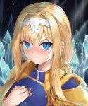  1girl absurdres alice_zuberg armor bangs blonde_hair blue_eyes blurry blurry_background breastplate embarrassed eyebrows_visible_through_hair hair_intakes hairband highres ice long_hair portrait shiny shiny_hair shoulder_armor silverpixia solo sparkle sunlight sword_art_online sword_art_online:_alicization v-shaped_eyebrows white_hairband 