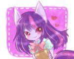  animal_ears artist_name blouse blue_blouse blush book bow commentary eyebrows_visible_through_hair eyelashes heart holding holding_book horse_ears horse_tail long_hair my_little_pony neko_baby personification purple_hair red_bow simple_background smile tail twilight_sparkle upper_body violet_eyes 