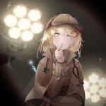  1girl absurdres backlighting bangs blonde_hair blue_eyes blurry blurry_background breasts brown_capelet brown_headwear brown_jacket brown_skirt collared_shirt commentary_request deerstalker finger_to_mouth from_below fugutai_ten grey_shirt hair_ornament hand_up hat highres hololive hololive_english index_finger_raised indoors jacket long_sleeves looking_at_viewer monocle_hair_ornament plaid plaid_skirt shirt short_hair skirt solo stethoscope upper_body virtual_youtuber watson_amelia 