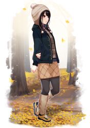  1girl absurdres bangs black_hair commentary_request eyebrows_visible_through_hair falling_leaves ginkgo hat highres idolmaster idolmaster_shiny_colors jacket kazano_hiori leaf long_hair miyar2d2 mole mole_under_eye open_clothes open_jacket open_mouth pantyhose sweater tree violet_eyes winter_clothes 