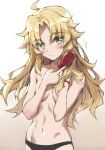 1girl ahoge bangs black_panties blonde_hair blush breasts breasts_apart brush convenient_arm covering covering_breasts cowboy_shot eyebrows_visible_through_hair fate/apocrypha fate_(series) fingernails gradient gradient_background green_eyes grey_background hair_brushing hair_down hands_up long_hair looking_at_viewer mordred_(fate) mordred_(fate)_(all) navel no_bra panties parted_bangs revision small_breasts solo standing tonee topless underwear underwear_only wristband