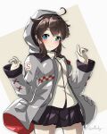  1girl absurdres ahoge arthur_ko beige_background black_hair black_skirt blue_eyes braid commentary_request cosplay gloves grey_jacket hair_flaps hair_ornament hair_over_shoulder highres hood hooded_jacket hoodie jacket kantai_collection pleated_skirt remodel_(kantai_collection) shigure_(kantai_collection) shiratsuyu_(kantai_collection) shiratsuyu_(kantai_collection)_(cosplay) single_braid skirt solo twitter_username two-tone_background white_background white_gloves 