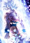  1boy aura bracer closed_mouth dragon_ball dragon_ball_super from_behind grey_eyes looking_at_viewer looking_back male_focus mattari_illust muscle orange_pants silver_hair solo son_goku spiky_hair standing torn_clothes ultra_instinct 