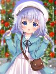  1girl :d bag bangs beret black_bow black_ribbon blue_eyes blue_hair blue_jacket blurry blurry_background bow braid collared_dress commentary_request depth_of_field dress eyebrows_visible_through_hair flower gochuumon_wa_usagi_desu_ka? hair_between_eyes hands_up hat hat_bow holding holding_hair jacket kafuu_chino long_hair low_twintails neck_ribbon open_clothes open_jacket open_mouth red_flower red_rose ribbon rikatan rose shoulder_bag smile solo twin_braids twintails very_long_hair white_dress white_headwear 