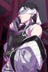  1boy black_hair blindfold chinese_clothes covered_eyes earrings highres ikoka_no.2 jewelry male_focus parted_lips qin_shi_huang short_hair shuumatsu_no_valkyrie solo 