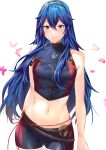  1girl ameno_(a_meno0) armlet bangs bare_shoulders blue_eyes blue_hair bug butterfly closed_mouth crop_top fire_emblem fire_emblem_awakening fire_emblem_heroes hair_between_eyes highres insect long_hair looking_at_viewer lucina_(fire_emblem) midriff navel pink_butterfly shorts smile standing stomach swimsuit tiara very_long_hair 