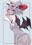  1girl bat_wings bloomers blue_background clenched_teeth commentary_request double_v eyebrows_visible_through_hair fall_dommmmmer fang fingernails grey_hair hair_between_eyes hat highres looking_at_viewer mob_cap pointy_ears red_eyes remilia_scarlet short_hair smile solo teeth touhou underwear v white_headwear wings 