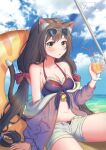  1girl :o absurdres animal_ear_fluff animal_ears bangs bare_shoulders bikini black_hair blue_sky blush breasts cat_ears cat_girl cat_tail clouds collarbone commentary_request cup day drinking_glass drinking_straw eyebrows_visible_through_hair eyewear_on_head frilled_innertube green_eyes highres holding holding_cup innertube jacket karyl_(princess_connect!) long_hair looking_at_viewer low_twintails multicolored_hair navel off_shoulder open_clothes open_fly open_jacket open_mouth open_shorts outdoors princess_connect! princess_connect!_re:dive purple_jacket short_shorts shorts sitting sky solo streaked_hair sunglasses swimsuit tail twintails water white_hair white_shorts yungjing 