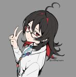  1girl ahoge bangs black_hair breasts collared_shirt enma-chan expressionless glasses highres hololive hololive_english lanyard medium_hair multicolored_hair ninomae_ina&#039;nis_(artist) red_eyes shirt sidelocks small_breasts solo white_shirt 