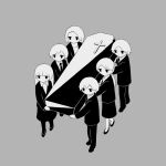  3boys 3girls avogado6 coffin funeral grey_background greyscale jacket jitome latin_cross long_hair long_sleeves monochrome multiple_boys multiple_girls necktie original pants ponytail shoes short_hair simple_background skirt tuxedo walking 