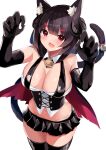  1girl absurdres animal_ear_fluff animal_ears azur_lane bare_shoulders bell black_gloves black_hair black_legwear black_skirt breasts cape cat_ears cat_tail corset elbow_gloves eyebrows_visible_through_hair fang gloves halloween highres horns large_breasts looking_at_viewer microskirt red_eyes sanba_tsui short_hair simple_background skin_fang skin_tight skindentation skirt solo tail tail_bell thigh-highs white_background yamashiro_(azur_lane) 