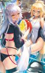 2girls absurdres alter_(kxk7357) ball bangs beachball bikini black_bikini blonde_hair blue_eyes blurry blurry_background blush breasts butt_crack collarbone competition_swimsuit covered_navel day dolphin eyebrows_visible_through_hair fate/grand_order fate_(series) glasses hair_between_eyes highleg highleg_swimsuit highres holding holding_ball jeanne_d&#039;arc_(alter_swimsuit_berserker) jeanne_d&#039;arc_(fate)_(all) jeanne_d&#039;arc_(swimsuit_archer) long_hair long_sleeves looking_back medium_breasts multiple_girls o-ring o-ring_bikini one-piece_swimsuit open_mouth outdoors palm_tree semi-rimless_eyewear shiny shiny_skin shrug_(clothing) silver_hair sitting soaking_feet standing summer swimsuit thigh_strap transparent tree under-rim_eyewear very_long_hair wading white_swimsuit yellow_eyes 