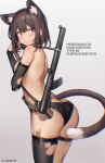  1girl absurdres animal_ear_fluff animal_ears arm_warmers ass back barcode_tattoo bare_shoulders bikini bilibili_xiaolu black_bikini black_legwear breasts brown_hair cat_ears cat_girl cat_tail cowboy_shot extra_ears from_behind grin gun halterneck highres looking_at_viewer looking_back medium_breasts original red_eyes short_hair simple_background single_thighhigh smile solo standing strap submachine_gun swimsuit tail tattoo thigh-highs thigh_strap thighs torn_clothes torn_legwear weapon wet white_background 