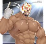  1boy abs artist_name bara bare_chest bear_mask biceps black_hair brown_eyes chest dark_skin dark_skinned_male facial_hair gloves goatee highres index_finger_raised live_a_hero male_focus muscle navel nipples pectoral_focus polaris_mask_(live_a_hero) short_hair solo upper_body veins white_gloves wrestling_mask wrestling_outfit zagghov 