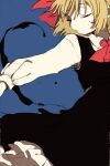  1girl black_dress blonde_hair blue_background closed_eyes commentary darkness dress hair_ribbon ka_(marukogedago) outstretched_arms red_neckwear red_ribbon ribbon rumia shirt short_hair solo touhou upper_body white_shirt 