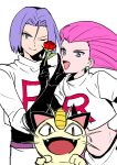  1girl :d ;) black_gloves closed_mouth crop_top elbow_gloves flower gen_1_pokemon gloves green_eyes hair_intakes holding holding_flower igusaharu james_(pokemon) jessie_(pokemon) long_hair looking_at_viewer medium_hair meowth midriff navel one_eye_closed open_mouth pants pink_hair pokemon pokemon_(anime) pokemon_(classic_anime) pokemon_(creature) purple_hair purple_pants red_flower red_lips red_rose rose simple_background sketch skirt smile stomach violet_eyes white_background white_skirt 