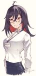  1girl ahoge ark_ford artist_name black_hair colored_inner_hair cropped_torso english_commentary enma-chan glasses hair_between_eyes highres hololive hololive_english id_card lanyard long_sleeves looking_at_viewer medium_hair multicolored_hair red_eyes redhead sketch solo 