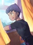  1boy black_hair black_shirt blurry clouds commentary_request curtains dark_skin dark_skinned_male day highres hop_(pokemon) leaning_forward looking_to_the_side male_focus open_mouth pokemon pokemon_(game) pokemon_swsh shirt short_hair sky smile solo teeth tongue window yellow_eyes yukke_(fh) 