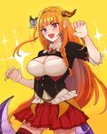  1girl breasts claw_pose dragon_horns dragon_tail fang highres hololive horns kiryuu_coco large_breasts long_hair nagimugi open_mouth orange_hair solo tail violet_eyes virtual_youtuber yellow_background 