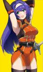  1girl ahoge armpits arms_up fire_emblem fire_emblem:_path_of_radiance fire_emblem:_radiant_dawn fire_emblem_heroes green_eyes hairband highres kawayu long_hair looking_at_viewer mia_(fire_emblem) open_mouth purple_hair smile solo thighs yellow_background 