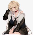  1girl aogisa black_jacket black_neckwear blonde_hair blush breasts choker closed_mouth collarbone dress eyebrows_visible_through_hair fur_collar fur_trim girls_frontline hand_in_hair highres jacket jacket_on_shoulders jewelry long_hair looking_at_viewer necklace necktie orange_eyes ots-14_(girls_frontline) red_choker sitting solo star_(symbol) star_necklace white_background white_dress 